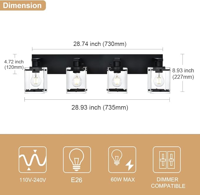 WINSHEN 4-Light Bathroom Vanity Light Fixture, Modern Black Wall Lighting Over Mirror with Rectangular Clear Glass, E26 Bulb Base