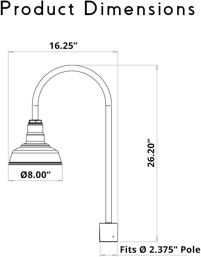 Steel Lighting Co. Hawthorne Light | Outdoor Pole Top Mounted | 8" Dome | Upslope Gooseneck with Slip Fitter for 2-3/8" Standard Poles | Made in America | Matte Black Exterior/White Interior