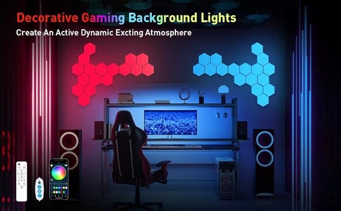 TISOFU Hexagon Lights (8 Pack) LED Wall Panels, RGB Gaming Lights with APP, Smart Modular Panel Hex Tiles Push Glide Expansion Shapes Light