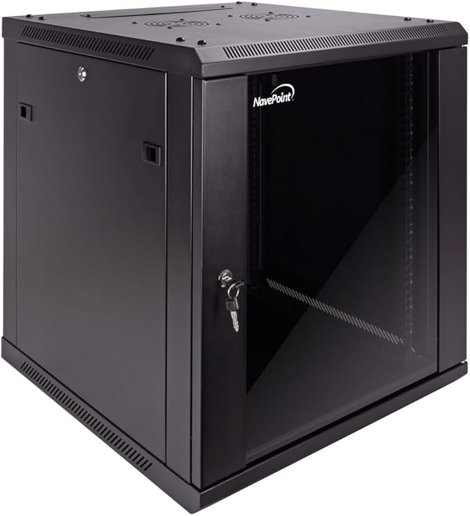 NavePoint 12U Server Cabinet Wall Mount Rack Enclosure Includes 2 Fans, Locking Glass Door, Removable Side Panels – 12U Network Cabinet 23.6” Deep, 19 Inch Server Rack for IT and A/V Equipment