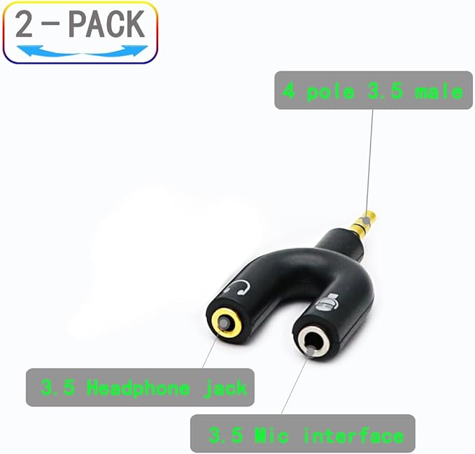 ZJKJHJY 2 Pack Headset Splitter Adapter, U Shape 3.5mm 4 Pole Male to 2 x 3 Pole Female Headphone Y Splitter