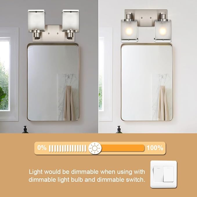WINSHEN 2-Lights Wall Sconce Lighting, Brushed Nickel Bathroom Vanity Light Fixture with Rectangular Frosted Glass for Over Mirror, E26 Bulb Base