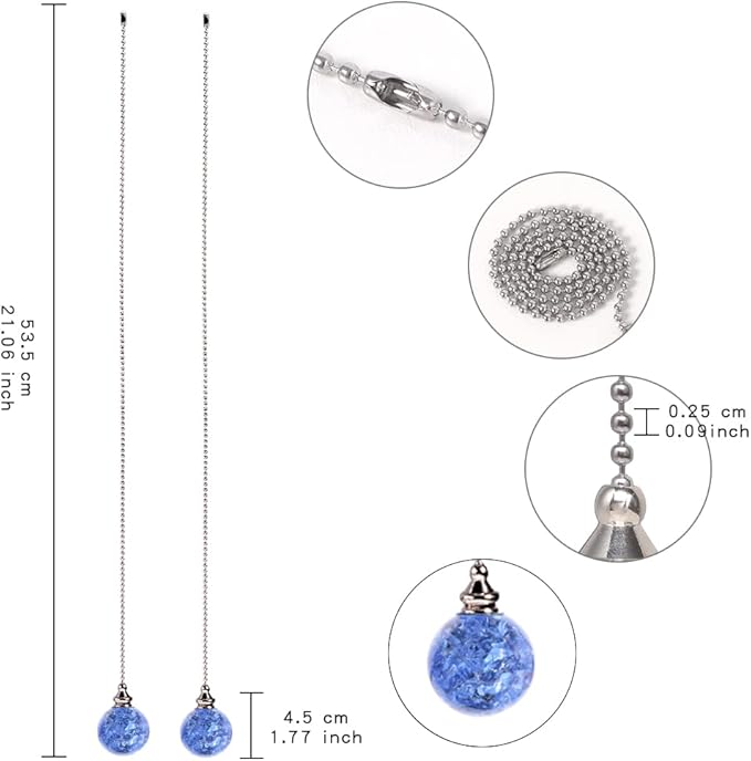 LONGSHENG - SINCE 2001 - 2PCS Light Blue Pull Chain Crystal Glass Ice Cracked Ball Pull Chain for Ceiling Fan Light Decoratio 50cm Extension Chain