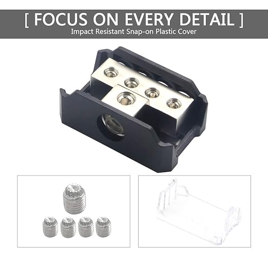 RKURCK 4 Way Power Distribution Block, 0/2/4 AWG Gauge in, 4/8/10 Gauge Out, Car Audio Stereo Amp Distribution Connecting Block for Audio Splitter (1 in 4 Out)