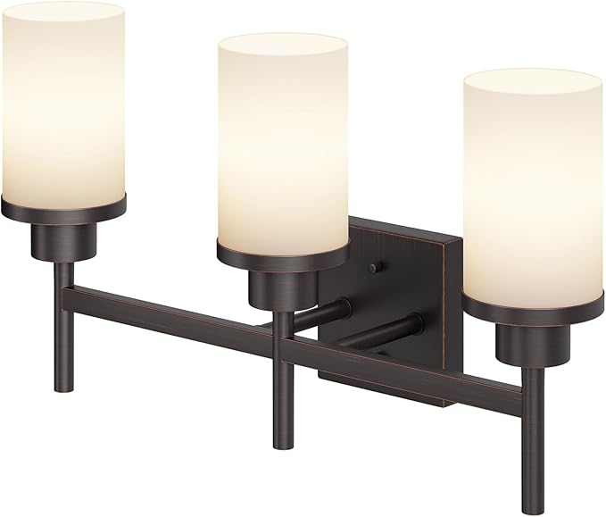 AONEON Vanity Lighting Fixtures Oil Rubbed Bronze 3-Light with White Frosted Glass Shade, Wall Sconces for Bathroom Cabinet Porch Kitchen T001ORB-L3