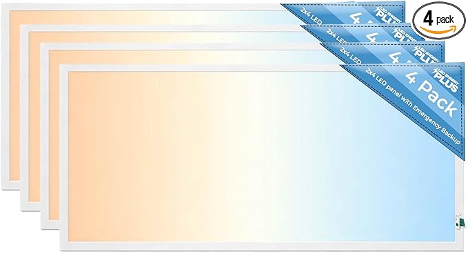 2X4 LED Flat Panel Light with Emergency Battery Backup, 50W 3000K/4000K/5000K, 0-10V Dimmable, 6500 Lumens, LED Drop Ceiling Lights, 100-277V, DLC UL Listed, Ultra Thin Back-Lit (4 Pack)