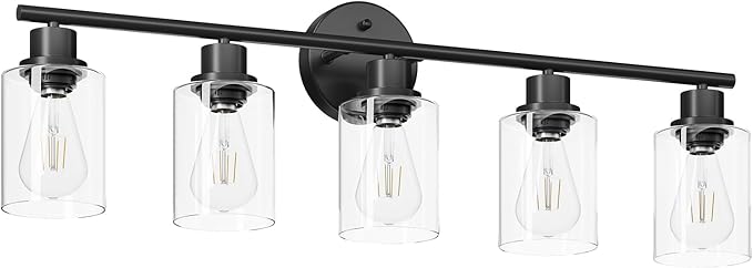 Guliaofo 5-Light Black Bathroom Vanity Lights, E26 Modern Bathroom Light Fixtures with Clear Glass Shade, Mirror Kitchen Hallway Cabinet Living Room Sconces Wall Lights