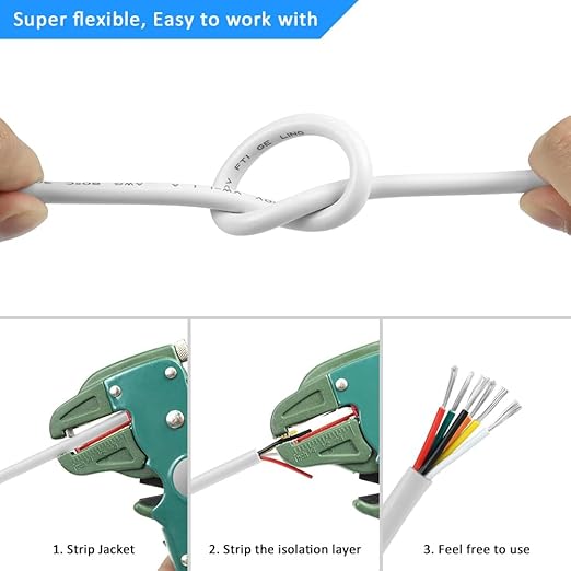 22 Gauge 6 Conductor Electrical Wire, 65.6FT White Stranded Low Voltage 22/6 PVC Case, 22 AWG Tinned Copper 6 Wire Extension Power for Strips LED Lamp Lighting