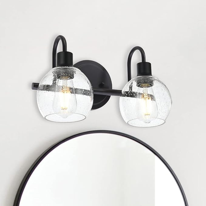 WINSHEN Black 2-Lights Wall Sconce Lighting with Seeded Glass Lampshades Industrial Bathroom Vanity Light Fixtures for Hallway Kitchen Bedroom