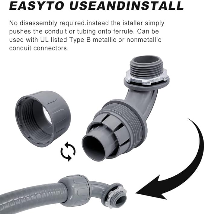 Wocloer 1/2 inch Liquid Tight Connector PVC Flexible Conduit Connector UL Listed Liquid Tight Conduit Fittings 10 Pack (5 pcs 180D/5 pcs 90D)