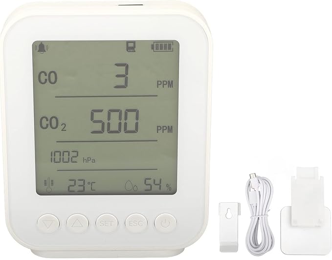 Torvex CO2 Monitor, Air Quality Meter with LCD Humidity Temperature Pressure Sensor, Indoor CO2 Detector 7 in 1 5V White Desktop Unit for Home Office Environment Monitoring