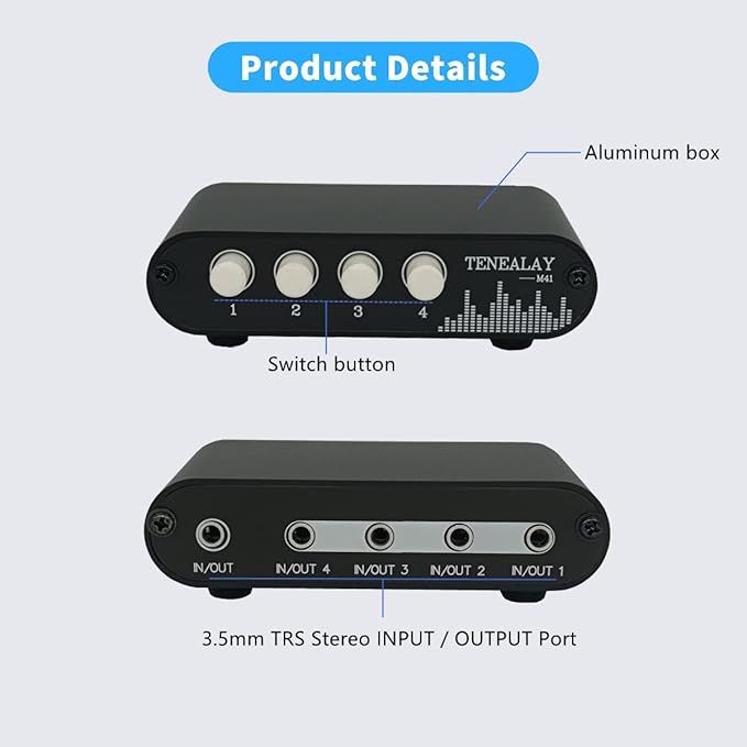 TENEALAY 4 in 1 Out / 1 in 4 Out AUX 3.5mm Stereo Audio Input Signal Source Switcher, 4-Way Switch Selector Splitter Box M41