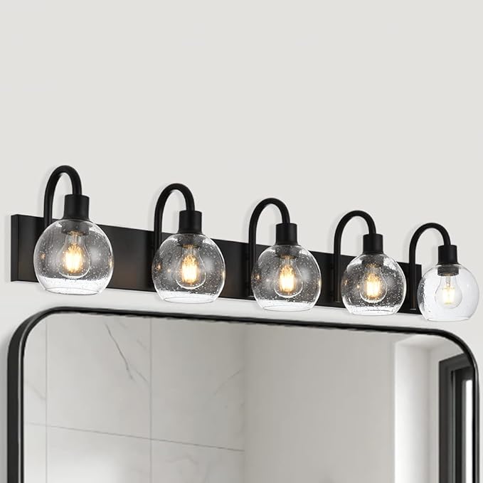 WINSHEN Bathroom Light Fixtures 5-Lights Matte Black Farmhouse Vanity Lighting with Seeded Globe Glass for Over Mirror