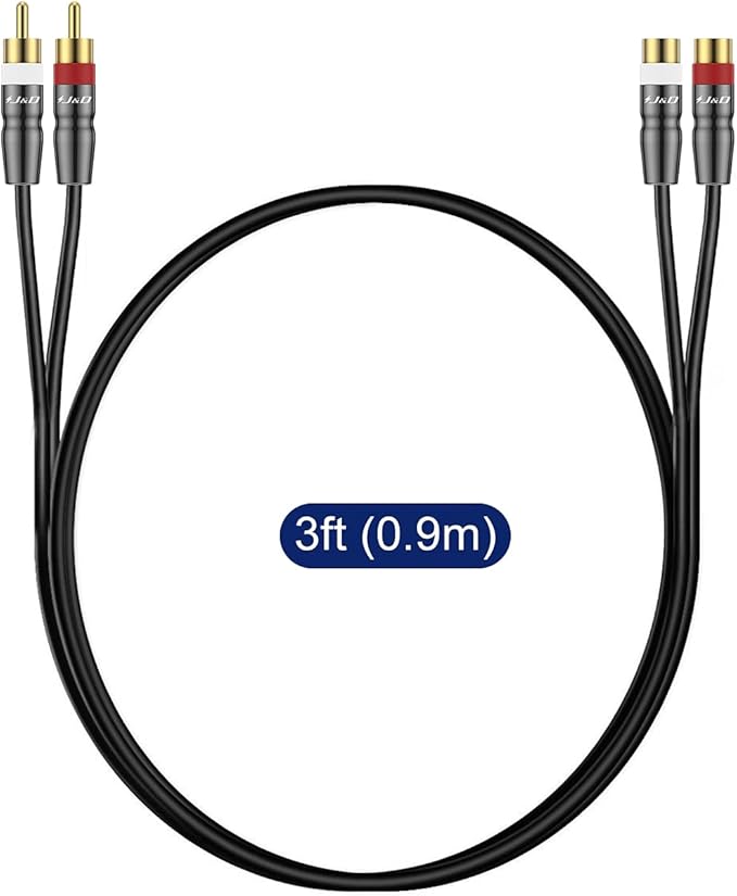 J&D 2 RCA Extension Cable Male to Female, Copper Shell Gold-Plated 2RCA Male to 2RCA Female Cable Stereo Audio Extender Cord Adapter, 3 Feet