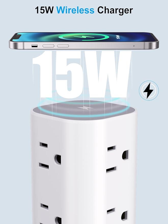 Power Strip with Wireless Charger, Flat Plug Surge Protector with 10FT Extension Cord, 12 AC Multiple Outlets, 4 USB (2 USB C), 15W Wireless Charging Power Tower for Home Office Dorm, White