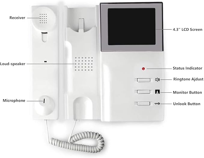 AMOCAM Video Door Phone System, 4.3 Inches Clear LCD Monitor Wired Video Intercom Doorbell Kits, IR Night Vision Outdoor Camera Door Intercom, Doorphone Telephone Style for Home Improvement