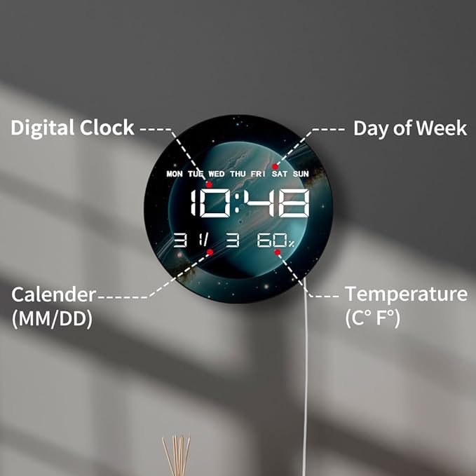 Timethink 12'' Planet Uranus Digital Wall Clock Large Display, Space Solar System Smart Wall Clock Electric Clock with Temperature, Date, 12/24hrs, Automatic Dimming, Plug in LED for Living Room
