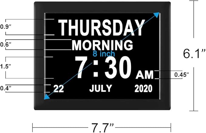 LaMi Products 7.85 Inch Dementia Clock for Seniors - Extra Large Display Digital Wall Clock with Day & Date, 12 Custom Alarms - High Contrast for Low Vision, Memory Care (Black)