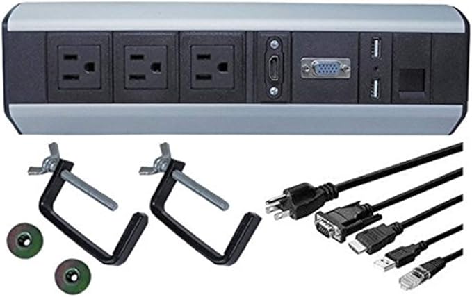 Electriduct Power and Data Center Edge Mount Tabletop - 3 Power Outlets, 1 CAT6 RJ45, 1 VGA, 1 HDMI, 2 USB Passthrough