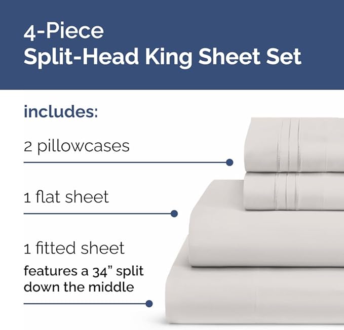 Split Head King Sheet Set – 4 Piece Flex Split Top King Sheets for Adjustable Beds - Fits 14” to 16" Mattress w/ Deep Pockets - Soft, Breathable & Cooling - Luxury Bedding & Wrinkle Free - French Grey