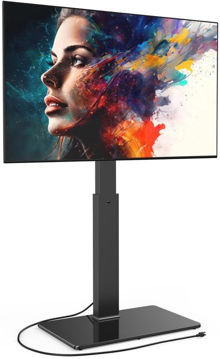 FITUEYES Floor TV Stand for 32-75 inch TV with Power Outlet, Tall TV Stand for Bedroom Living Room with Tempered Glass Base, Floor TV Mount Holds Up to 88lbs MAX VESA 600x400mm,Black
