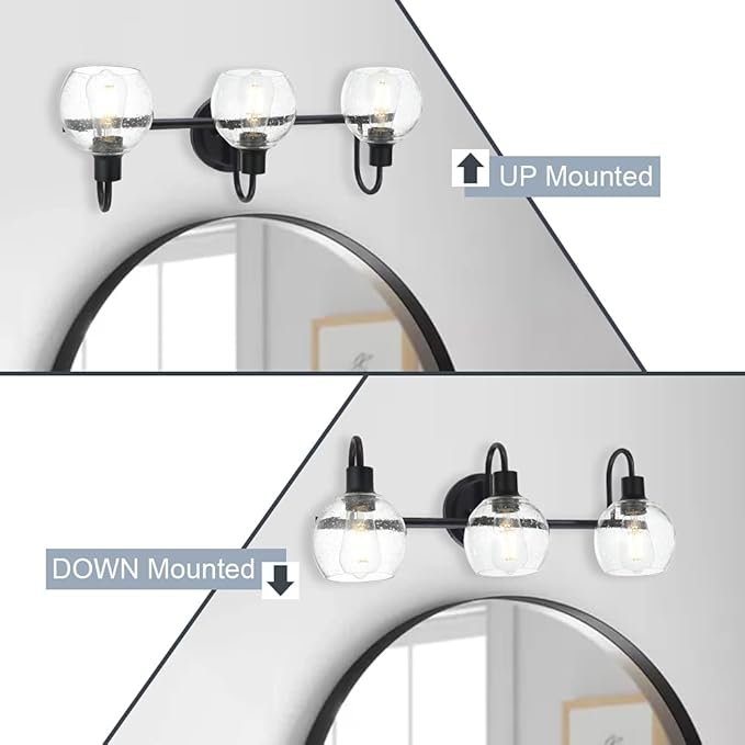 WINSHEN Modern 3-Lights Black Vanity Light Fixtures Farmhouse Metal Bathroom Lighting with Seeded Globe Glass for Hallway Kitchen Over Mirror Bedroom