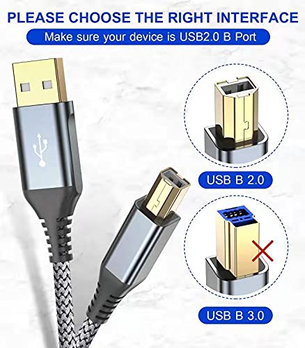 sweguard Printer Cable 20ft, USB Printer Cord USB 2.0 Type A Male to B Male Cable Scanner Cord High Speed Compatible with HP, Canon, Dell, Epson, Lexmark, Xerox, Samsung and More - Grey