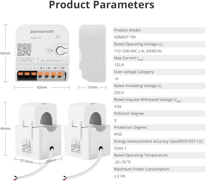 Smart Home Energy Monitor with 2 x 120A CTs, Live Electricity Usage Tracking, Bi-Directional Power Tracking, Supports Single-Phase 3-Wire System, 2.4GHz Wi-Fi (WiFi Version)