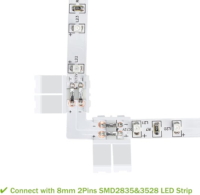 LightingWill 10pcs Pack L Shape Solderless Snap Down 2Conductor LED Strip Connector for Right Angle Corner or 90 Degree Connection of 8mm Wide 3528 2835 Single Color Flex LED Strips