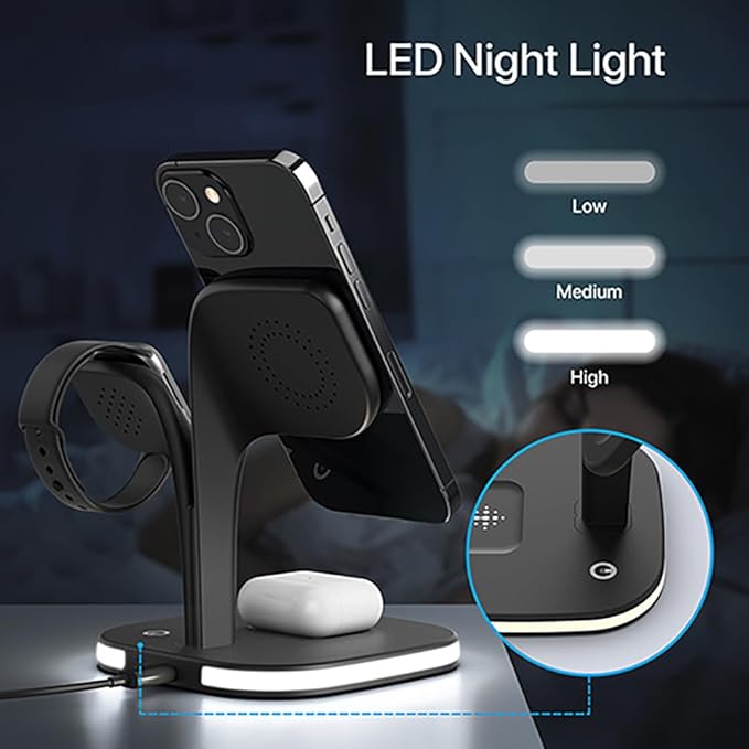 3 in 1 Wireless Charging Station for Apple Magsafe Charger Stand,Magnetic Wireless Charger Station for iPhone 17 Air 16 15 14 13 12 Series,Apple Watch Series 1-10,AirPods with LED and Adapter