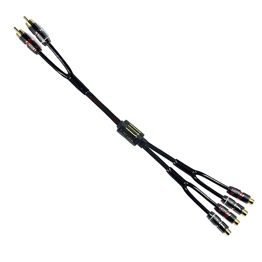 Arklove 1ft Shielded RCA Plug Splitter Stereo Audio Video Cable 2 Male to 4 Female Dual Speaker Y Adapter Connector Extension Cord 24k Gold Plated 1 Input 2 Output