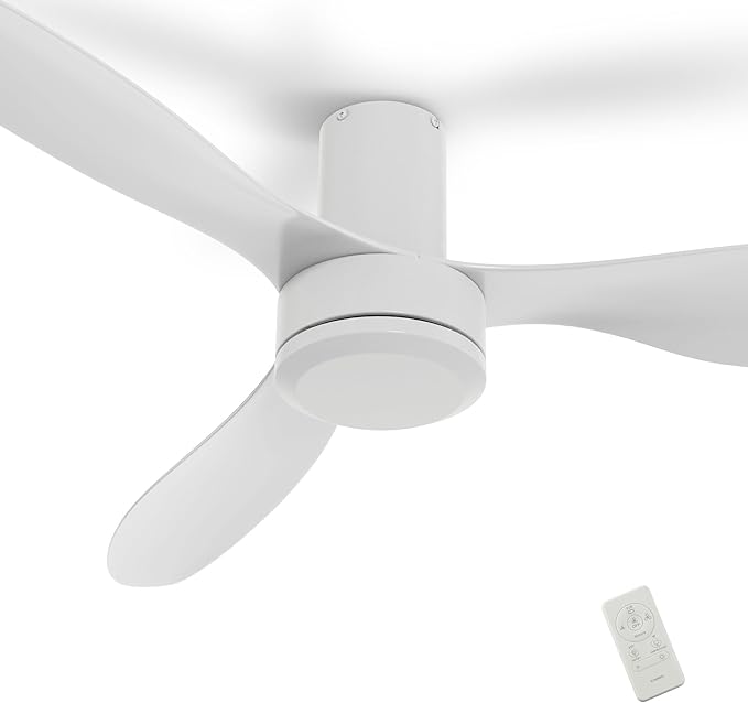 SMAAIR 52 Inch Ceiling Fan No Light with Remote, Flush Mount Modern Ceiling Fan without Lights, Quiet DC Motor, 10 Speed Adjustable, Indoor 3 Blade Ceiling Fan for Indoor Bedroom Living Room, White