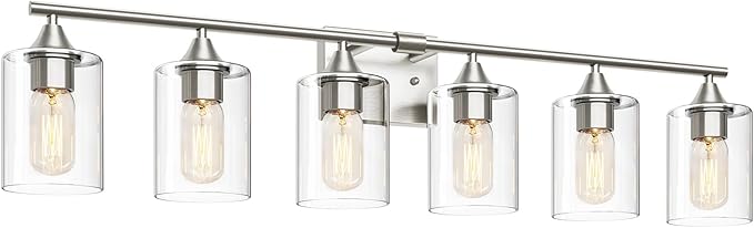XPEHK 6-Light Bathroom Lighting Fixtures Over Mirror,Brushed Nickel Light Fixture Bathroom,Vanity Light with Clear Glass Shade,Modern Wall Lights for Mirror Bedroom Living Hallway