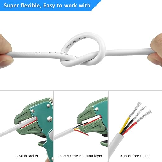 22 Gauge 3 Conductor Electrical Wire, 65.6FT White Stranded Low Voltage 22/3 PVC Case, 22 AWG Tinned Copper 3 Wire Extension Power for Strips LED Lamp Lighting