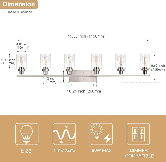 WINSHEN 6-Lights Bathroom Vanity Light Fixtures with Seeded Glass Lampshades, 45.3-Inches Length Modern Brushed Nickel Wall Light Fixture for Kitchen Bathroom Lighting