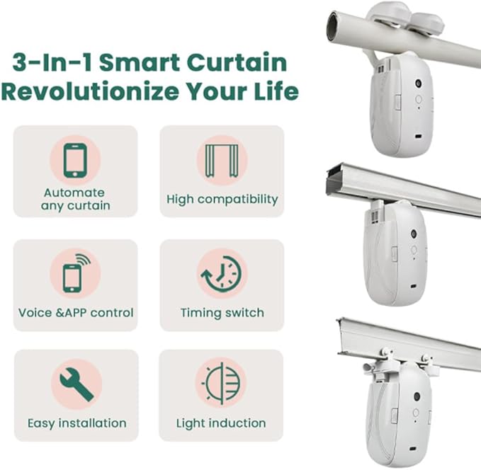 Smart Automatic Curtain Opener - Remote Control with App/Timer/Voice,Upgraded High-Performance Motor, Automatic Light Sensor, Add Gateways, For Google Alexa,No Remote (for Roman rod/T/U track 3in1)