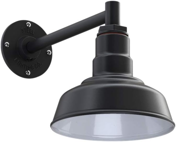 Steel Lighting Co. Hawthorne Barn Light | Outdoor Wall Mounted | 8 inch Dome | 11 inch Straight Arm| Small Farmhouse Light Made in America | Matte Black Exterior/White Interior