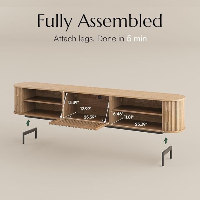 POVISON Fully-Assembled Mid Century Modern TV Stand for 85 inch TV, Sliding Door Entertainment Center with Storage, Wood TV Console, Media Console for Living Room Bedroom(Oak, 94.49")
