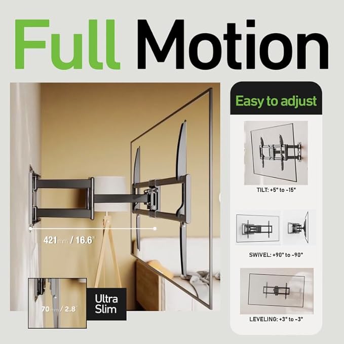 Heavy Duty Dual Arm Articulating Wall Mount Bracket for QF Series QLED 4K UHD Smart Fire TV NS65-UQFL26 65 InchTV - Tilt & Swivel/Pull Out 2.8"-16.6"/ Holds 165 lbs