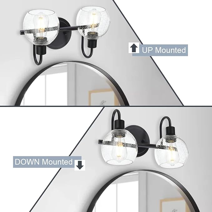 WINSHEN Black 2-Lights Wall Sconce Lighting with Seeded Glass Lampshades Industrial Bathroom Vanity Light Fixtures for Hallway Kitchen Bedroom