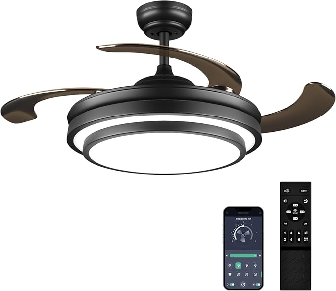 LIGHTIMES 36 Inche Modern Black Ceiling Fan with Dimmable LED Light, Retractable Celing Fan with APP/Remote Control, 6 Speed,for Bedroom Live Room