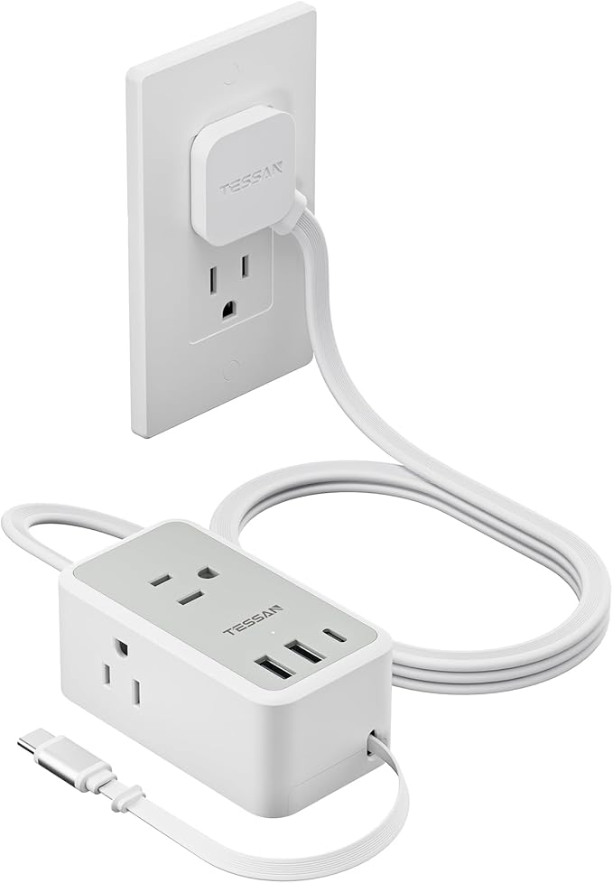TESSAN Small Flat Plug Power Strip with 1 PD20W Retractable USB C Cable, 5 ft Ultra Thin Extension Cord with 3 AC Outlets 3 USB Ports, 5 ft Slim Plug for Cruise Ship Travel, Dorm, Home Office