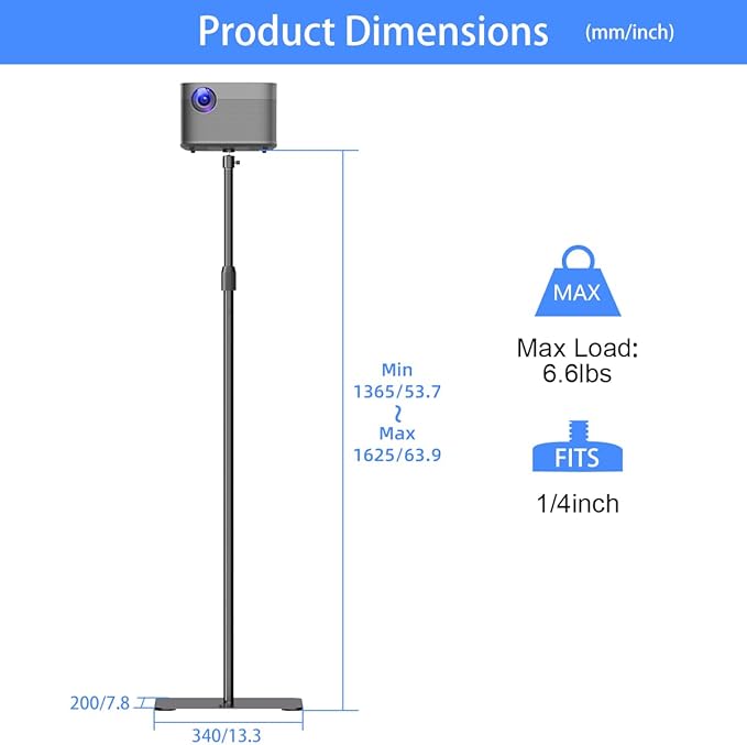 suptek Exdentable 63.9" Projector Stand 360°Swivel, Height Adjustable 53.7-63.9inch, Mini Projector Mount Bracket, Compatible with Home Office Video Vlog DVR Camera, PR001FL
