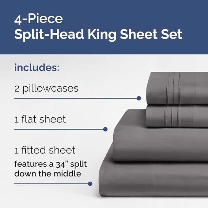 Split Head King Sheets Set - Top Split King Sheets for Adjustable Beds, Easy-Fit Split Head King Mattress - Flex Split Top King Sheets, Easy-Fit, Breathable, Deep Pocket Split King Sheets - Dark Grey