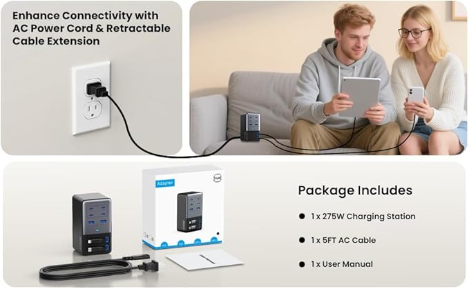 USB C Charger 275W Charging Station with Retractable Dual Cables,Upgraded 8-in-1 GaN IV Fast Charging Hub Block+PD QC PPS 65W Laptop Adapter for MacBook Pro/Air,iPad,iPhone 17/Pro,Galaxy S24,Dell etc