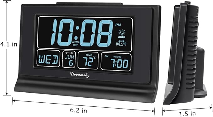 DreamSky Alarm Clocks for Bedrooms with Battery Backup, Auto Set Digital Clock with Date and Day of Week, Temperature, USB Port, Auto DST, Dimmer, 12/24H