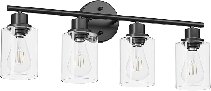 Guliaofo 4-Light Black Bathroom Light Fixtures, E26 Modern Vanity Lights for Bathroom with Clear Glass Shade, Wall Lamps for Mirror Hallway Kitchen Cabinet Living Room Sconces Lights