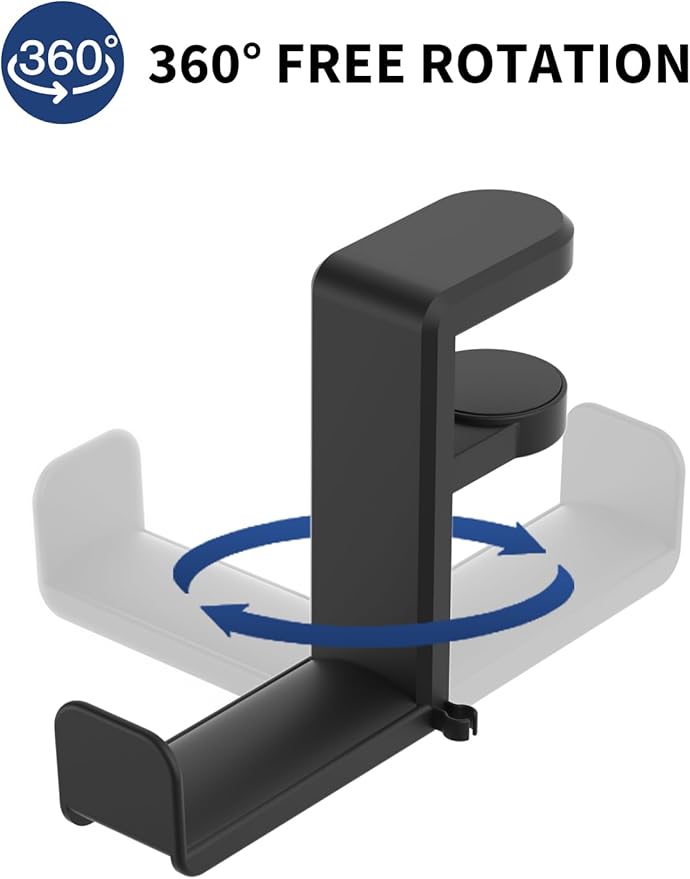 Celerion Headphone Hook - Under Desk Headphone Holder with 360-Degree Adjustable Rotation, Black