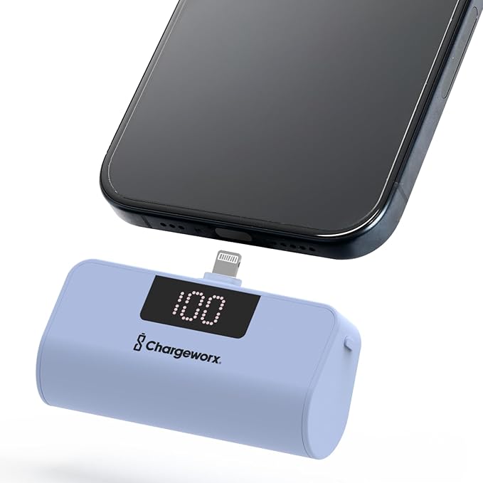 CHARGEWORX Mini Portable Charger Power Bank with Built-in Lightning Output, 5,000 mAh Power Bank with Fast-Charge Dual Output, Pass-Through Charging, LCD Display, Compact Design, Coral Blue