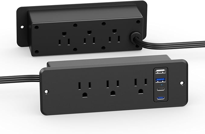 CCCEI 6 Outlets Dual Side Recessed Power Strip with USB C Ports, Furniture Flush Mount, Under Desk, Desk Top Multiple Outlets, Hidden Charging Station for Conference Table, Nightstand, Black. 10FT.